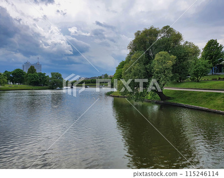 Scenic lush tree on empty embankment of Upper Lake - artificial city pond and popular leisure zone in Kaliningrad, Russia under dramatic cloudy sky at summer day. With no people cityscape. Scenic lush tree on empty embankment of Upper Lake - artificial city pond and popular leisure zone in Kaliningrad, Russia under dramatic cloudy sky at summer day. With no people cityscape. 115246114