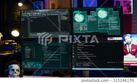 Close up of dangerous hacking lines of code running on computer monitors in criminal den. Programming scripts shown on PC displays in empty hideout used by cybercriminals to steal data 115246170