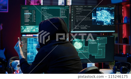 Hacker inserting USB in computer after managing to steal sensitive data, close up. Scammer uploading storage drive into PC after obtaining sensitive information from users using malware, camera A 115246175