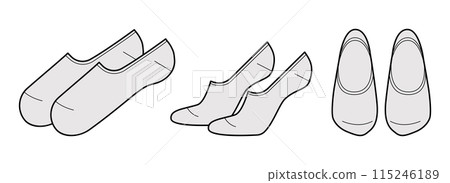 Foot, No-show socks length set. Fashion hosiery accessory clothing technical illustration stocking. Vector front, side 115246189