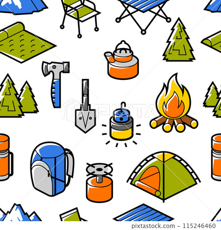 Travel camping pattern. Tourist equipment for survival in outdoor. Travel camping pattern. Tourist equipment for survival in outdoor. 115246460