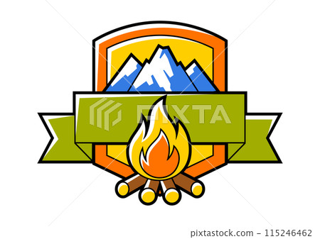Travel camping badge. Tourist equipment for survival in outdoor. 115246462