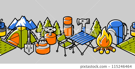 Travel camping pattern. Tourist equipment for survival in outdoor. Travel camping pattern. Tourist equipment for survival in outdoor. 115246464