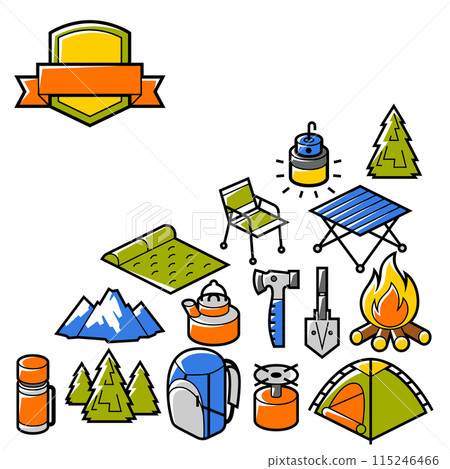 Travel camping background. Tourist equipment for survival in outdoor. Travel camping background. Tourist equipment for survival in outdoor. 115246466