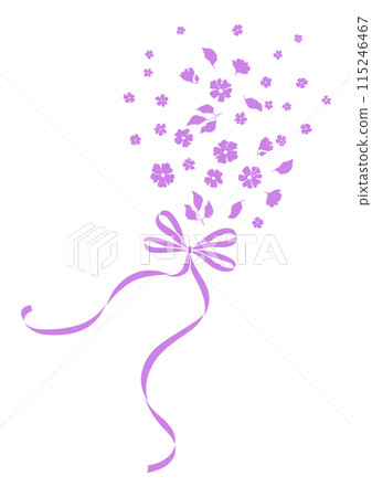 Ribbon with bow and flowers. Beautiful decorative natural plants and leaves. Ribbon with bow and flowers. Beautiful decorative natural plants and leaves. 115246467