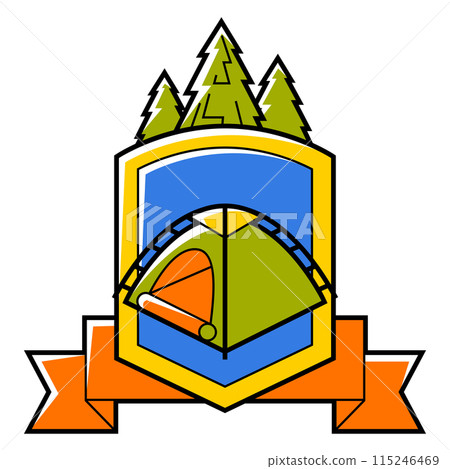 Travel camping badge. Tourist equipment for survival in outdoor. Travel camping badge. Tourist equipment for survival in outdoor. 115246469