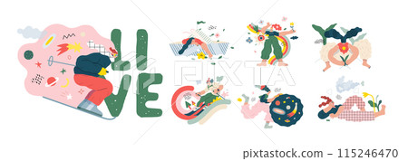 Life Unframed: Cloud catcher -modern flat vector concept illustrations set of everyday life. Metaphor of unpredictability, imagination, whimsy, cycle of existence, play, growth, discovery Life Unframed: Cloud catcher -modern flat vector concept illustrations set of everyday life. Metaphor of unpredictability, imagination, whimsy, cycle of existence, play, growth, discovery 115246470
