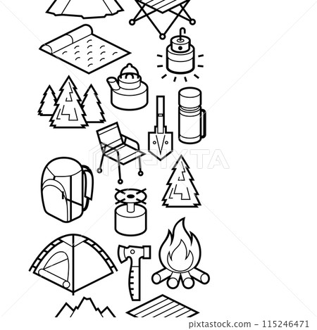 Travel camping pattern. Tourist equipment for survival in outdoor. Travel camping pattern. Tourist equipment for survival in outdoor. 115246471