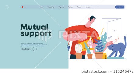 Mutual Support: Look after neighbor's house -modern flat vector concept illustration of man watering plants, looking after neighbors' cat A metaphor of voluntary, collaborative exchanges of services Mutual Support: Look after neighbor's house -modern flat vector concept illustration of man watering plants, looking after neighbors' cat A metaphor of voluntary, collaborative exchanges of services 115246472