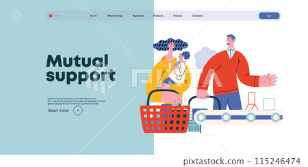 Mutual Support: Skip ahead in line -modern flat vector concept illustration of man letting woman with child go ahead in shop checkout line A metaphor of voluntary, collaborative exchanges of services 115246474