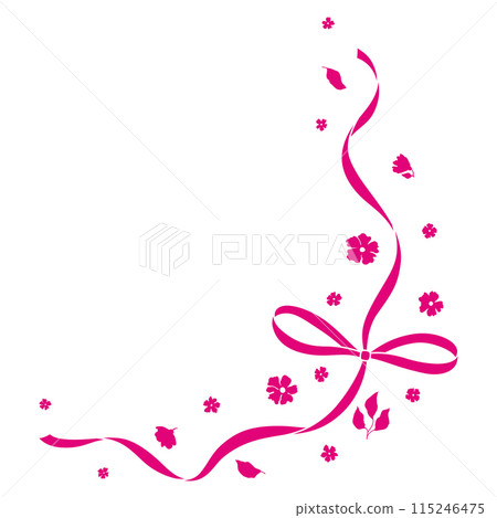 Ribbon with bow and flowers. Beautiful decorative natural plants and leaves. Ribbon with bow and flowers. Beautiful decorative natural plants and leaves. 115246475