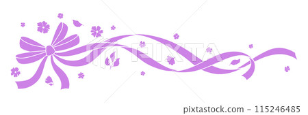 Ribbon with bow and flowers. Beautiful decorative natural plants and leaves. 115246485