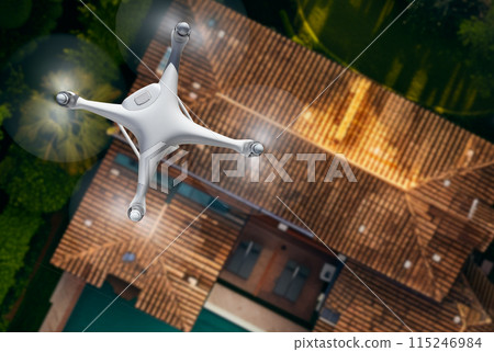Quadcopter UAV Drone Flying A Residential Roof Inspection. Generative AI Background. 115246984
