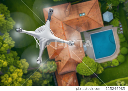 Quadcopter UAV Drone Flying A Residential Roof Inspection. Generative AI Background. 115246985