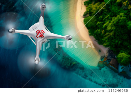 Quadcopter UAV Search and Rescue SAR Drone Flying A Search Above An Island Shoreline. 115246986