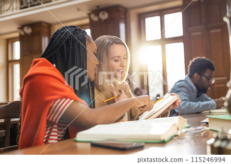 Group of students studying in the library together Group of students studying in the library together 115246994