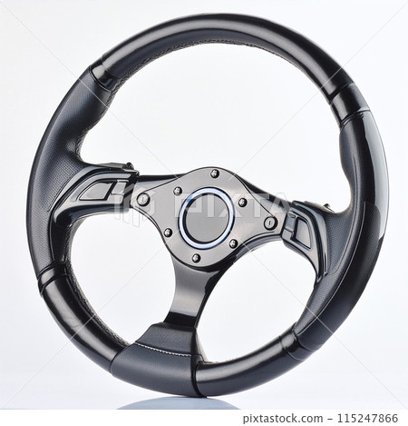 Sporty black leather steering wheel with ergonomic grips and a minimalist design Sporty black leather steering wheel with ergonomic grips and a minimalist design 115247866