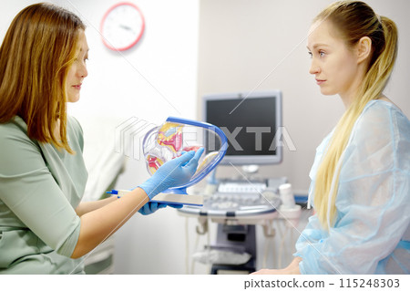 Gynecologist during appointment of patient. Doctor shows anatomical model of internal female organs and explains about disease. Gynecological consultation and discussion of treatment Gynecologist during appointment of patient. Doctor shows anatomical model of internal female organs and explains about disease. Gynecological consultation and discussion of treatment 115248303