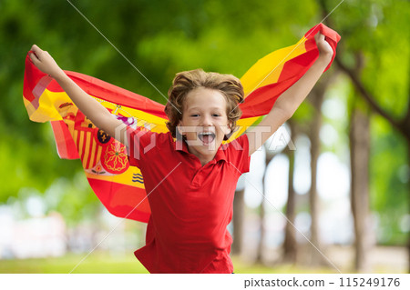 Child running with Spain flag. Little Spanish fan. 115249176