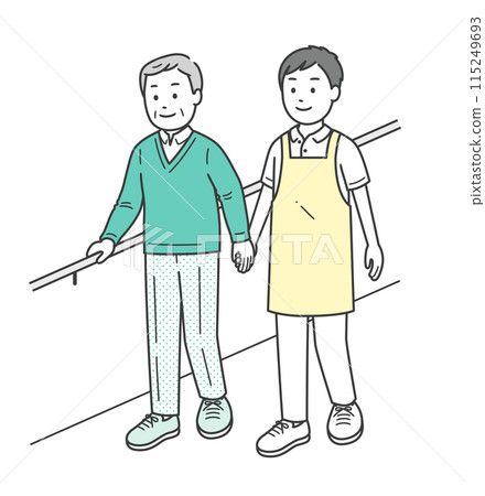 Illustration of an elderly man and his caregiver smiling as they hold onto a handrail and do walking training 115249693