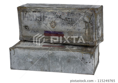 Soviet army boxes of 14.5mm ammunition. Text in russian - "When shooting, lubricate the cartridge case" and type of ammunition, projectile caliber, projectile type. Soviet army boxes of 14.5mm ammunition. Text in russian - "When shooting, lubricate the cartridge case" and type of ammunition, projectile caliber, projectile type. 115249765