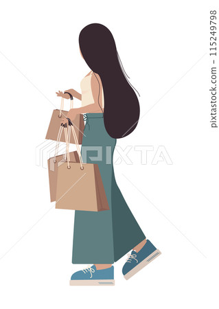 Stylized young woman with long hair, trendy clothes and eco shopping bags half turned to background Stylized young woman with long hair, trendy clothes and eco shopping bags half turned to background 115249798