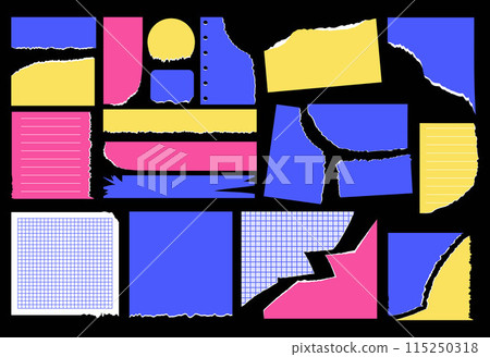 Brightly colorful paper page template set. Isolated torn pieces of paper, lined up and checkered notebook sheets and sticky note. Vector illustration for modern design. 115250318