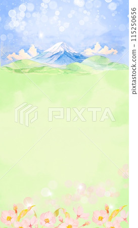 Watercolor illustration of spring flowers, Mt. Fuji and blue sky background Watercolor illustration of spring flowers, Mt. Fuji and blue sky background 115250656