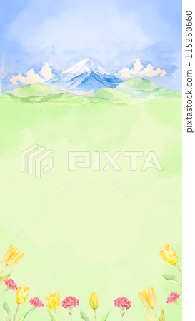 Watercolor illustration of spring flowers, Mt. Fuji and blue sky background 115250660