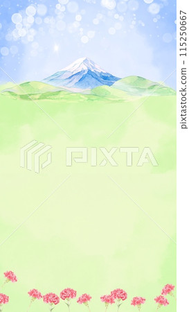 Watercolor illustration of spring flowers, Mt. Fuji and blue sky background 115250667