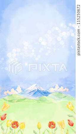 春天的花朵、富士山和藍天水彩畫的背景插圖 115250672