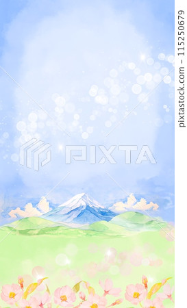 Watercolor illustration of spring flowers, Mt. Fuji and blue sky background Watercolor illustration of spring flowers, Mt. Fuji and blue sky background 115250679