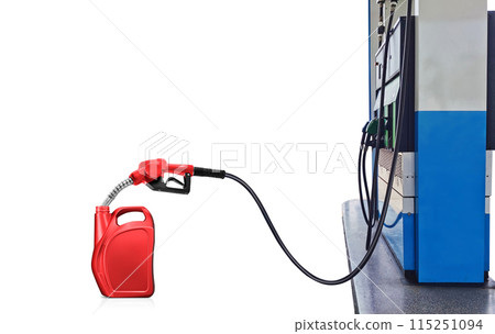gasoline pump nozzle Refueling red gallon on white background 115251094