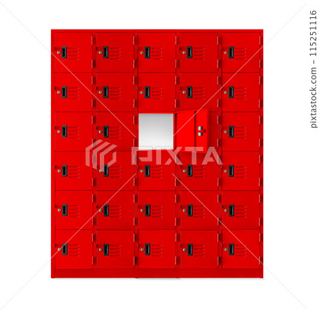 Deposit red locker boxes or gym lockers inside of a room with one central opened door 115251116