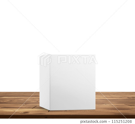 Empty box product packaging box mockup on a wooden table, white background. Empty box product packaging box mockup on a wooden table, white background. 115251208