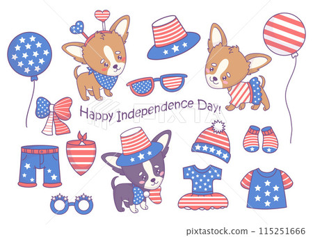 Independence Day set. Cute festive dogs chihuahua with patriotic clothes, accessories, balloons, party decorations in American flag colors. Cartoon funny kawaii pet. Isolated vector illustrations. Independence Day set. Cute festive dogs chihuahua with patriotic clothes, accessories, balloons, party decorations in American flag colors. Cartoon funny kawaii pet. Isolated vector illustrations. 115251666