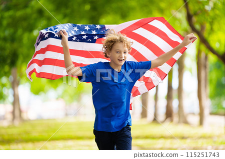 USA team supporter. American child with flag. 115251743