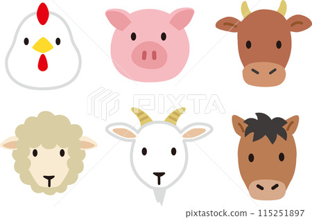 Simple and cute farm animal, carnivorous animal face icon illustration 115251897