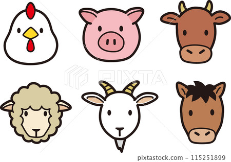 Simple and cute farm animal, carnivorous animal face icon illustration 115251899