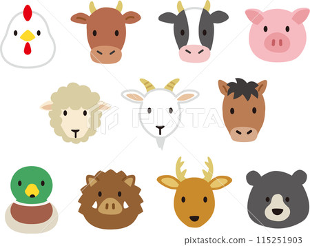 Simple and cute wild, domestic and carnivorous animal face icon illustrations Simple and cute wild, domestic and carnivorous animal face icon illustrations 115251903