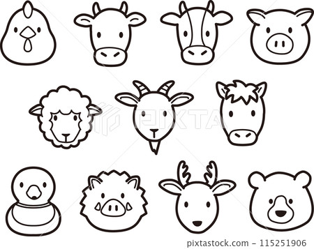 Simple and cute wild, domestic and carnivorous animal face icon illustrations 115251906