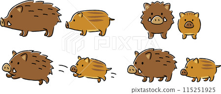 Simple and cute illustration set of wild boar and baby boar 115251925