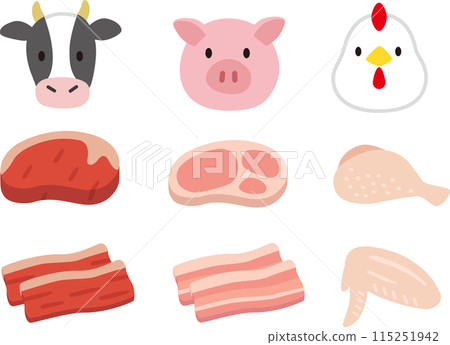 簡單的肉類和動物插圖集。雞肉、豬肉、牛肉 115251942