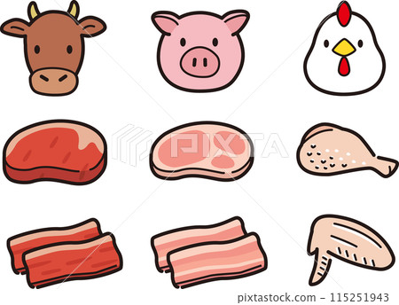 A simple set of meat and animal illustrations. Chicken, pork, beef 115251943