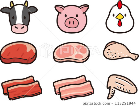 A simple set of meat and animal illustrations. Chicken, pork, beef 115251944
