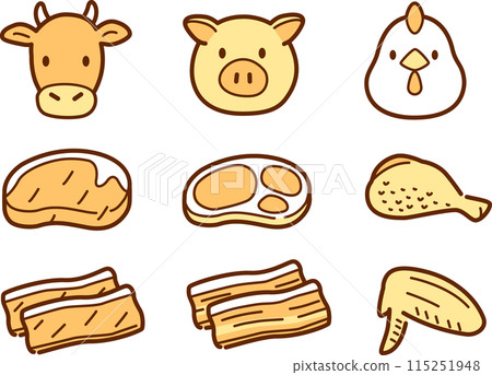 簡單的肉類和動物插圖集。雞肉、豬肉、牛肉 115251948