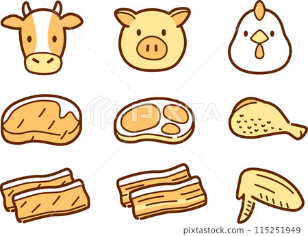 簡單的肉類和動物插圖集。雞肉、豬肉、牛肉 115251949