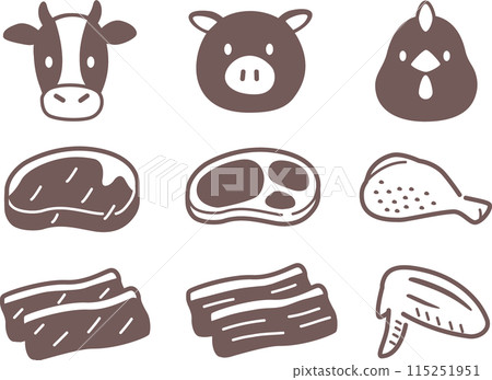 簡單的肉類和動物插圖集。雞肉、豬肉、牛肉 115251951