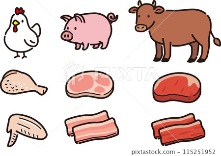 A simple set of meat and animal illustrations. Chicken, pork, beef 115251952