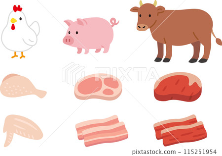 簡單的肉類和動物插圖集。雞肉、豬肉、牛肉 115251954